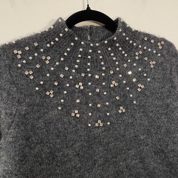 EUC Sezane Regina Rhinestone Pearl Mohair Wool Sweater Charcoal Small - Picture 5 of 9
